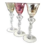 Set of 3 iridescent glasses/Caryatids/Venus base. Royal Bayel Crystal.