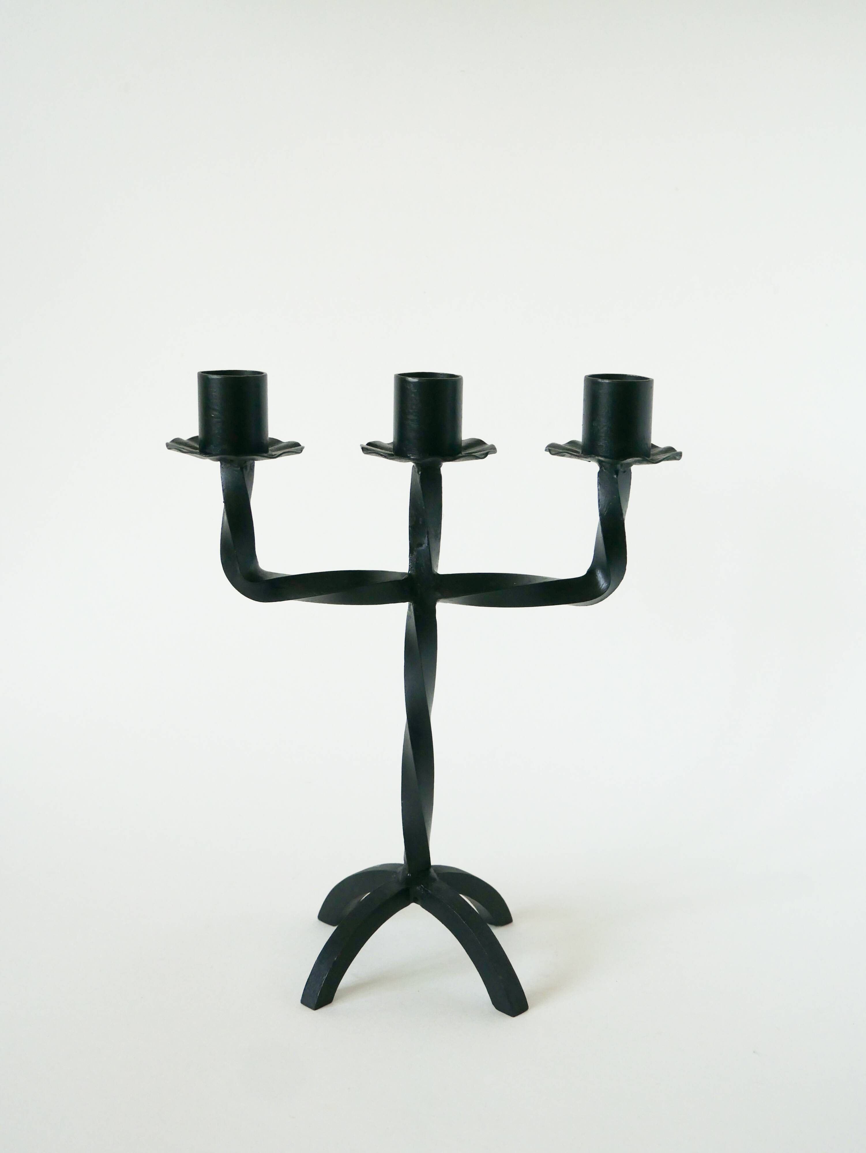 three-light wrought iron candlestick, Brutalist, 1970