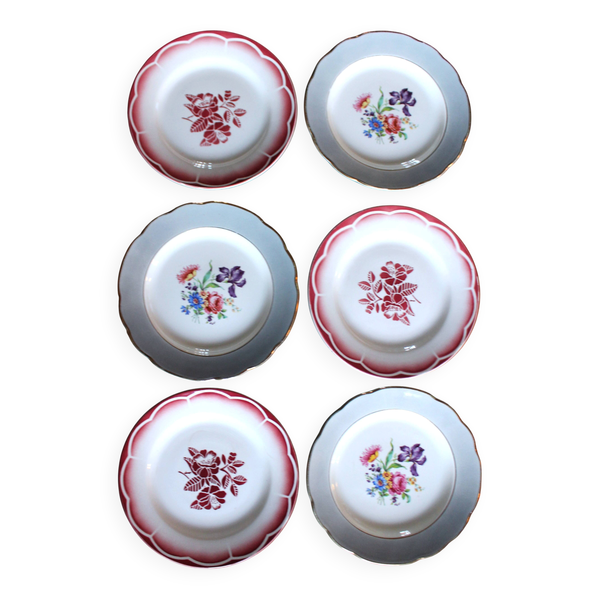6 flat plates Digoin Sarregemines Marsac red with gold flowers