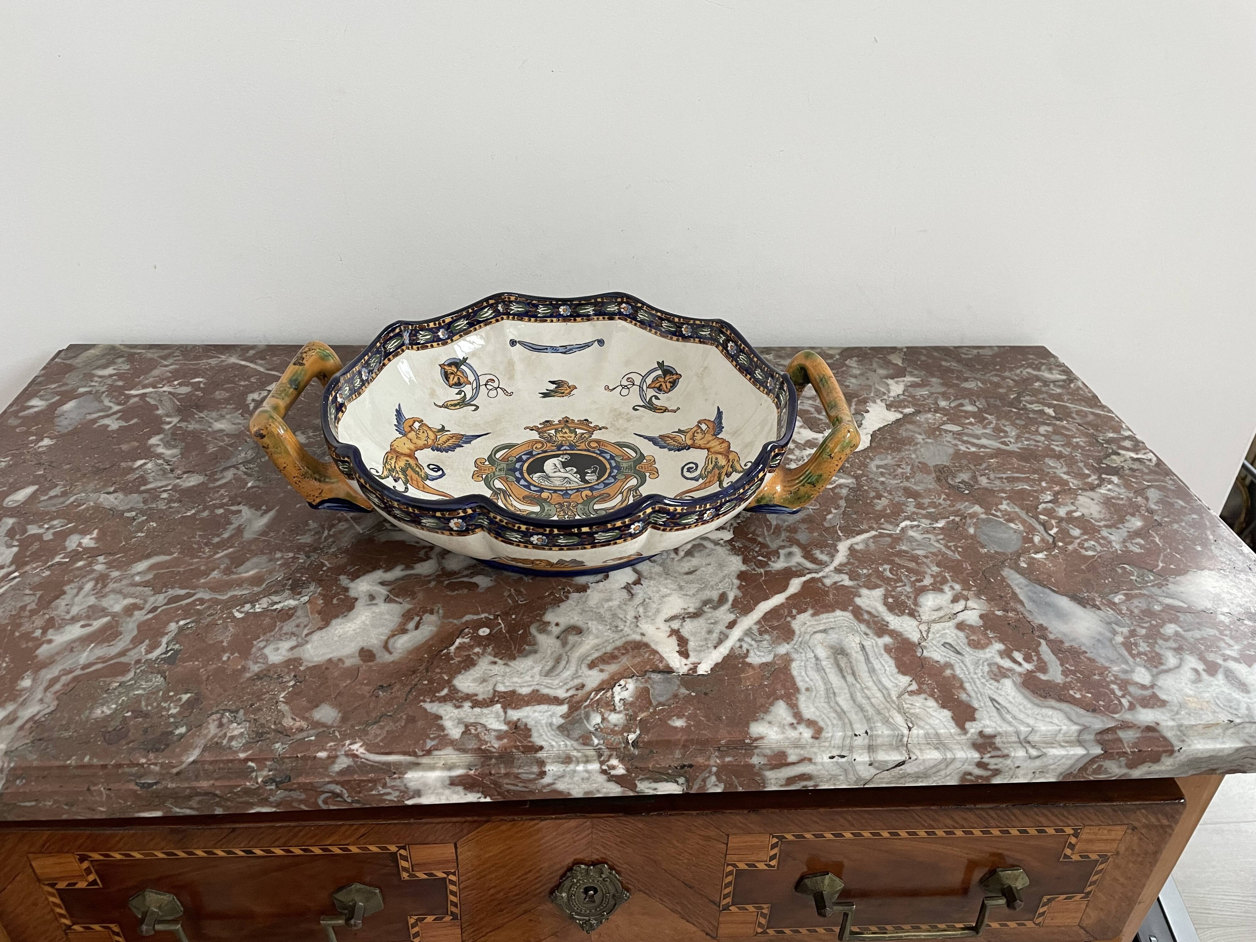 Antique, flat, bowler cup, centerpiece, Gien earthenware, nineteenth century, Renaissance décor