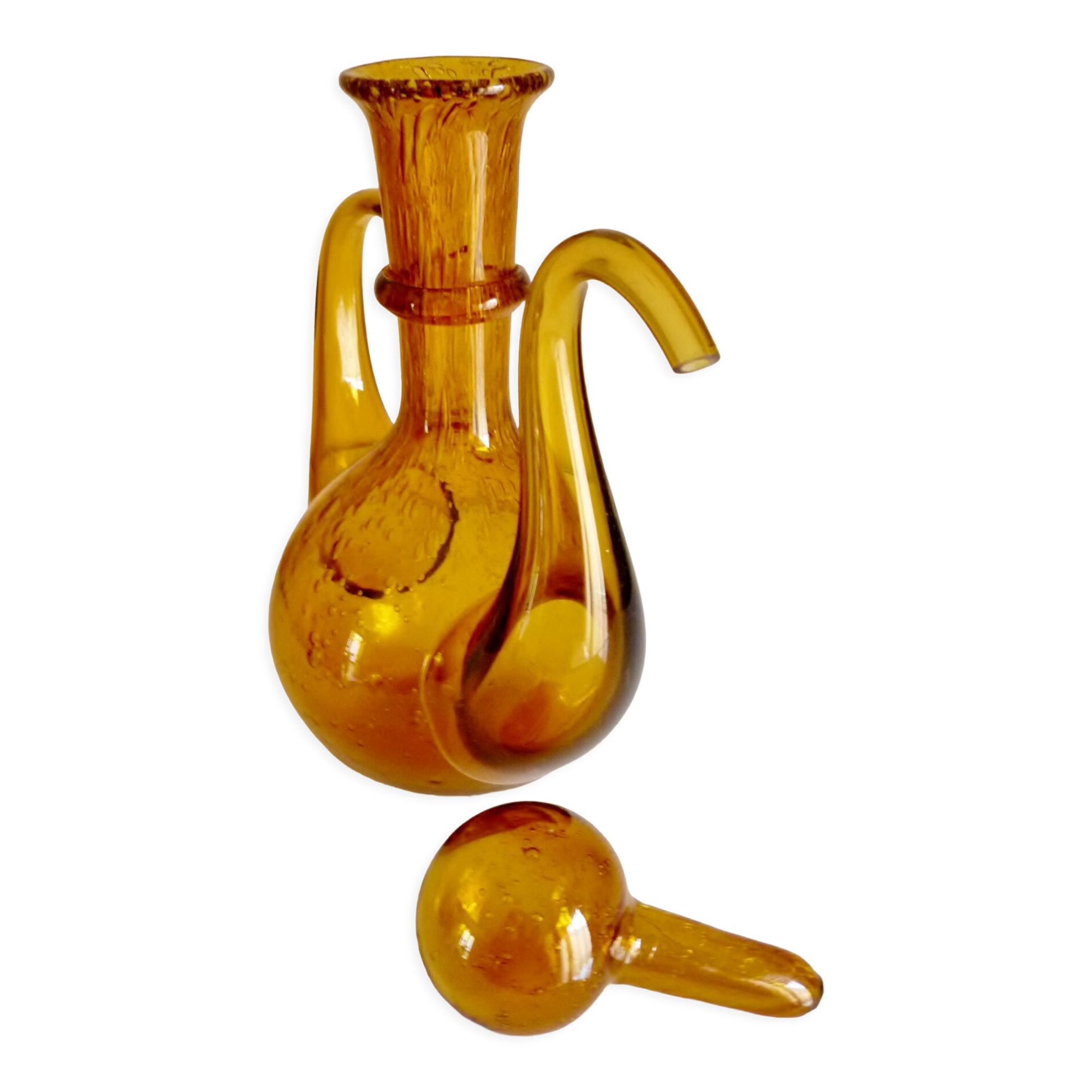 Blown glass carafe from Biot, amber, bubbled, vintage 70s