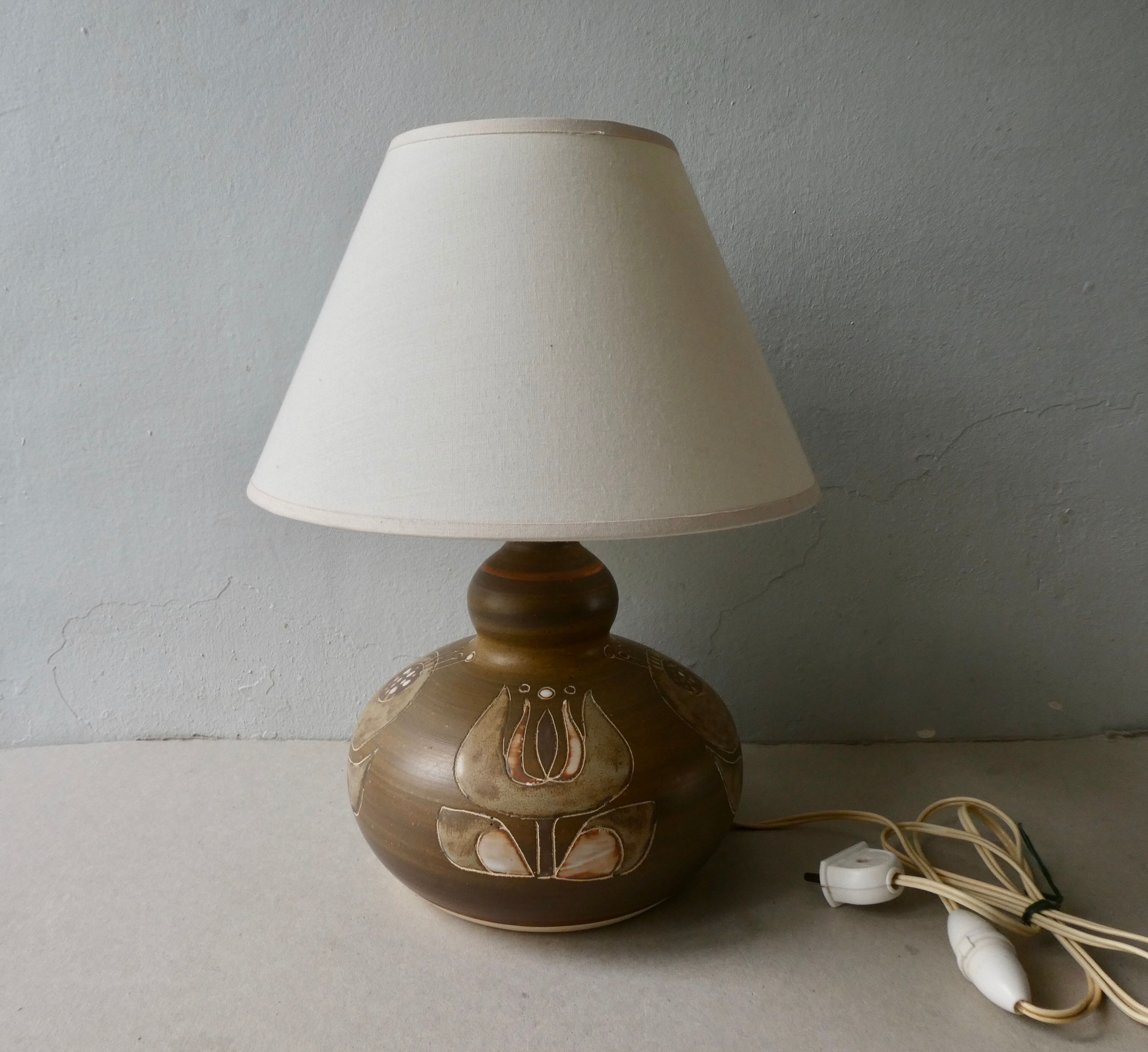 Ceramic lamp from the 60s, decoration flowers, Scandinavian, signed