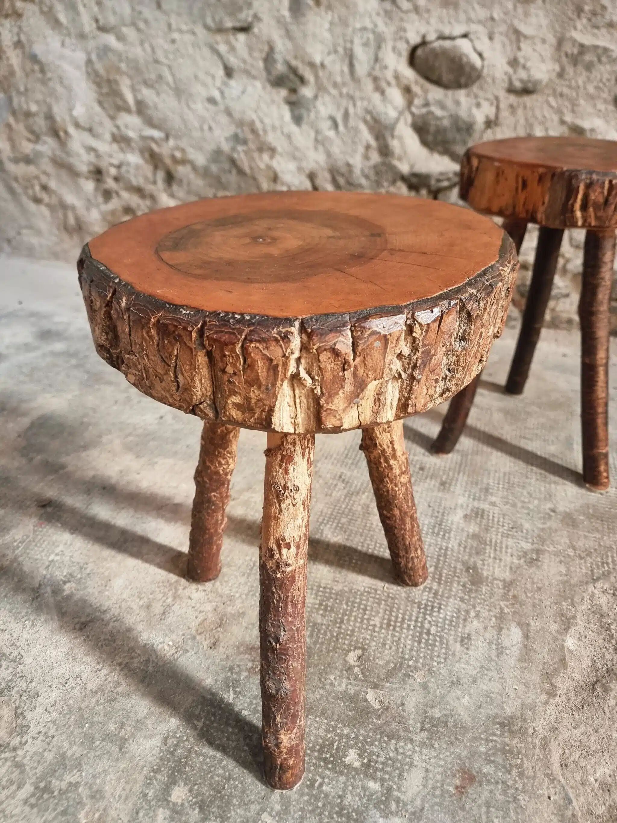 Vintage wooden tripod stools, set of 2, France 1960s