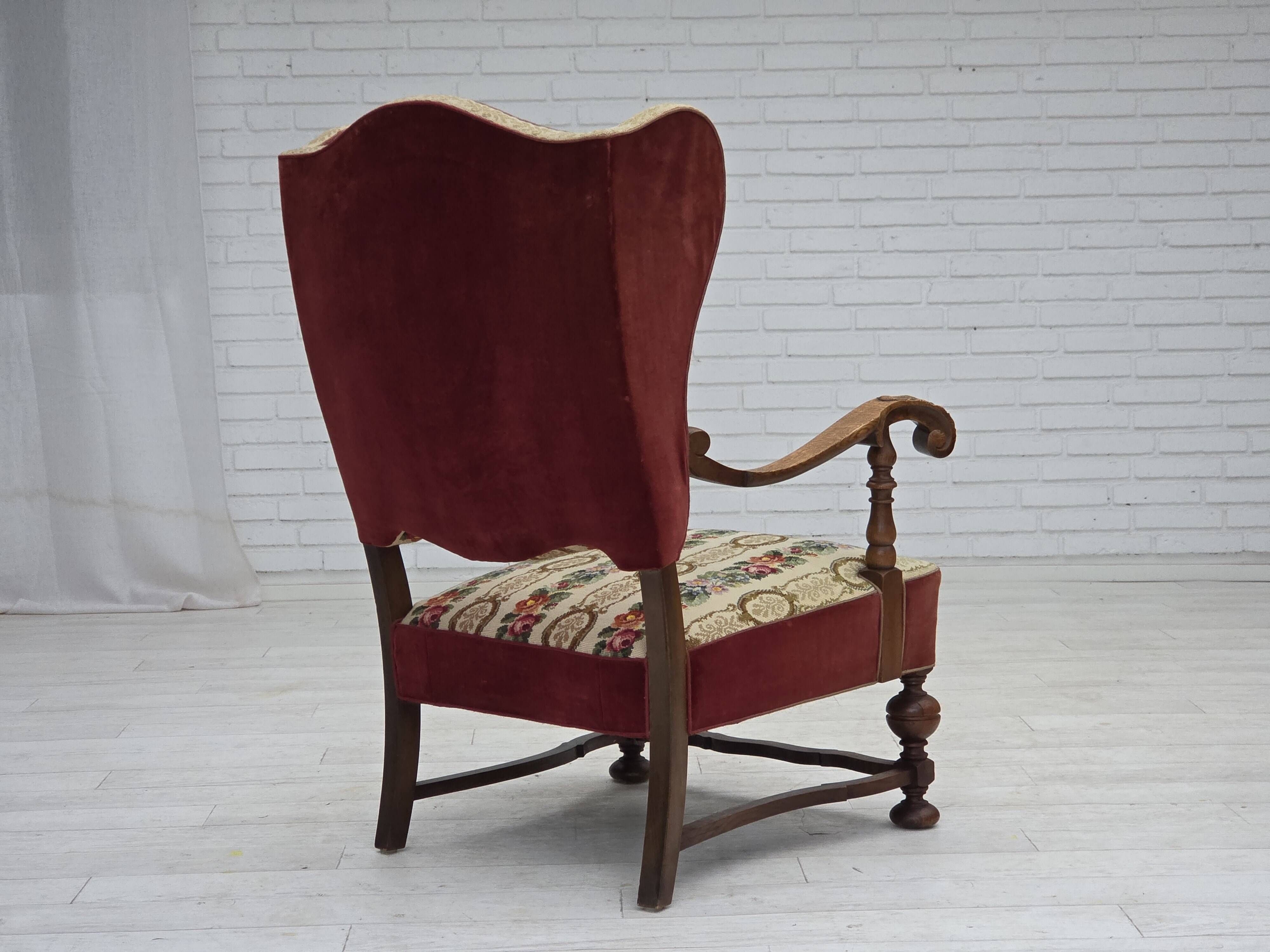 1950s, Danish wingback armchair, wool fabric, red furniture velour.