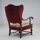 1950s, Danish wingback armchair, wool fabric, red furniture velour.