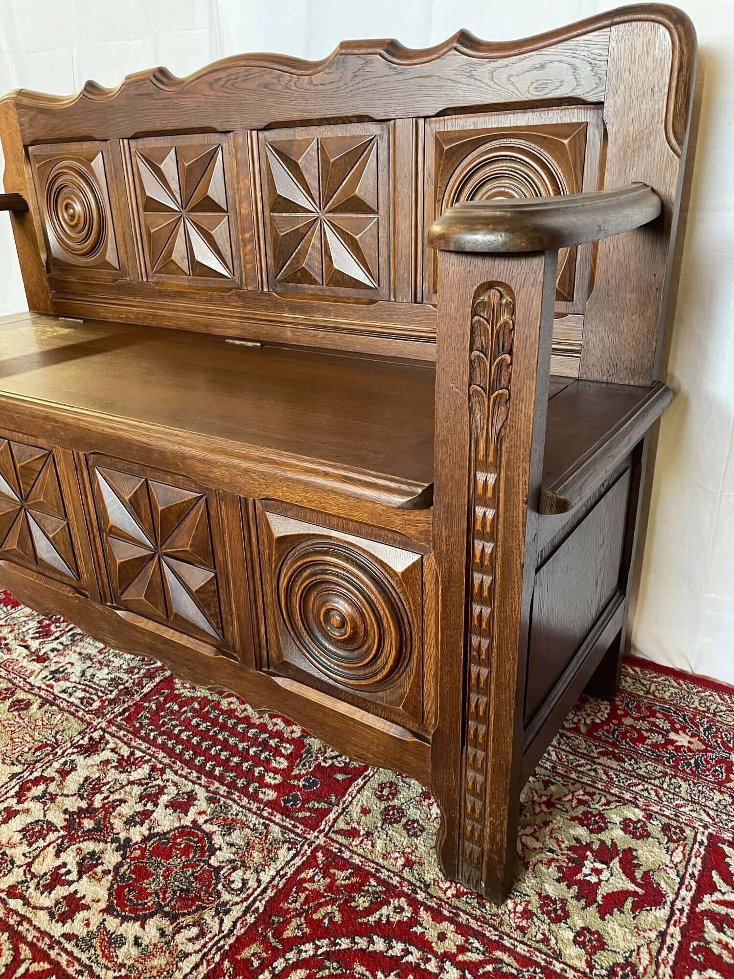 Antique oak carved bank chest – Breton style