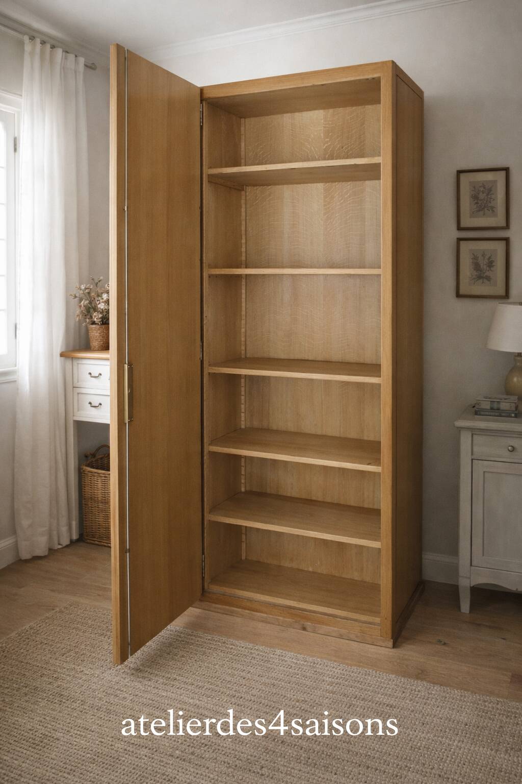 Vintage wooden wardrobe, modular wooden shelves.