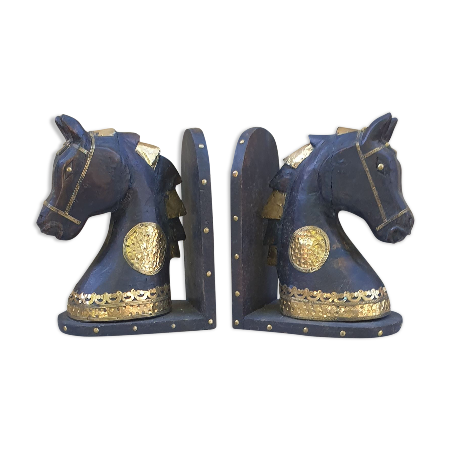 Serre-livres chevaux en bois sculpté et laiton