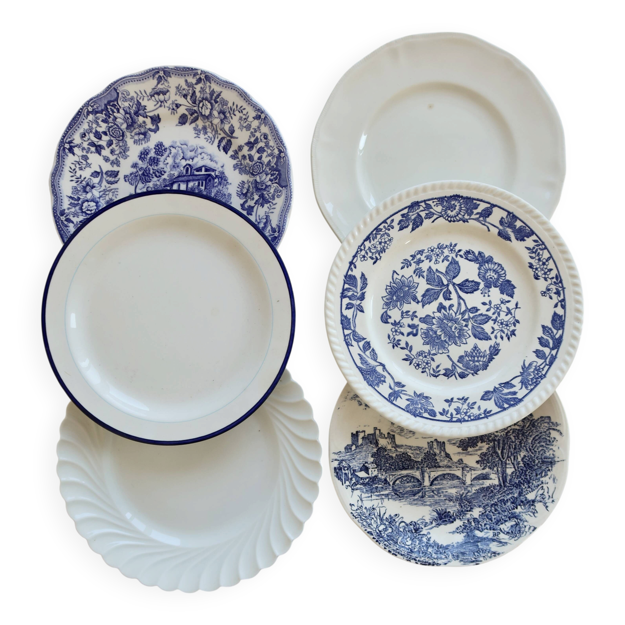 6 mismatched vintage blue and white dinner plates – Earthenware and porcelain