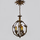 Vintage cage chandelier in aged golden metal and foliage, antique lighting, 3-burner chandelier. Year 60