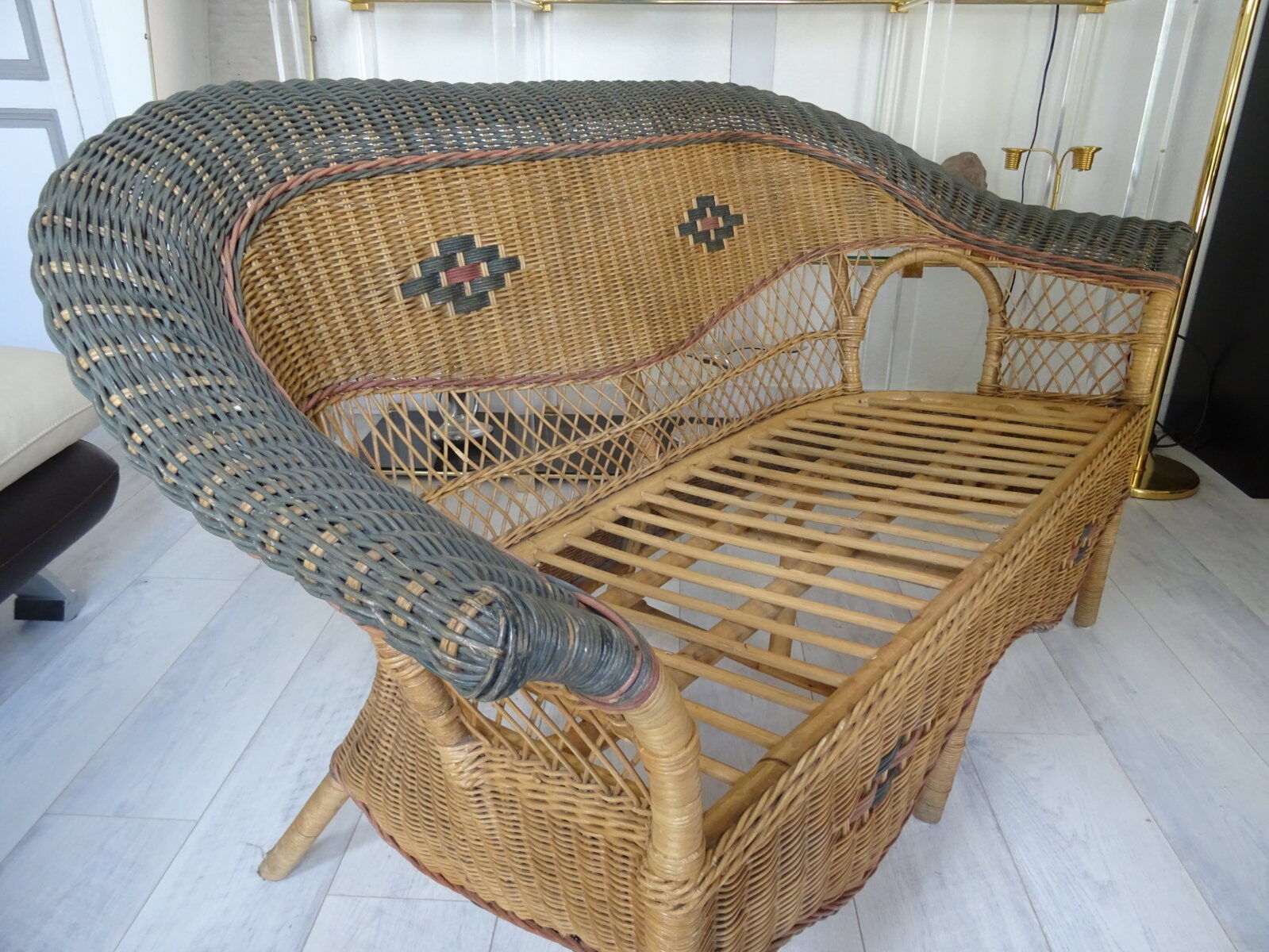 Vintage rattan lounge: one bench, two armchairs