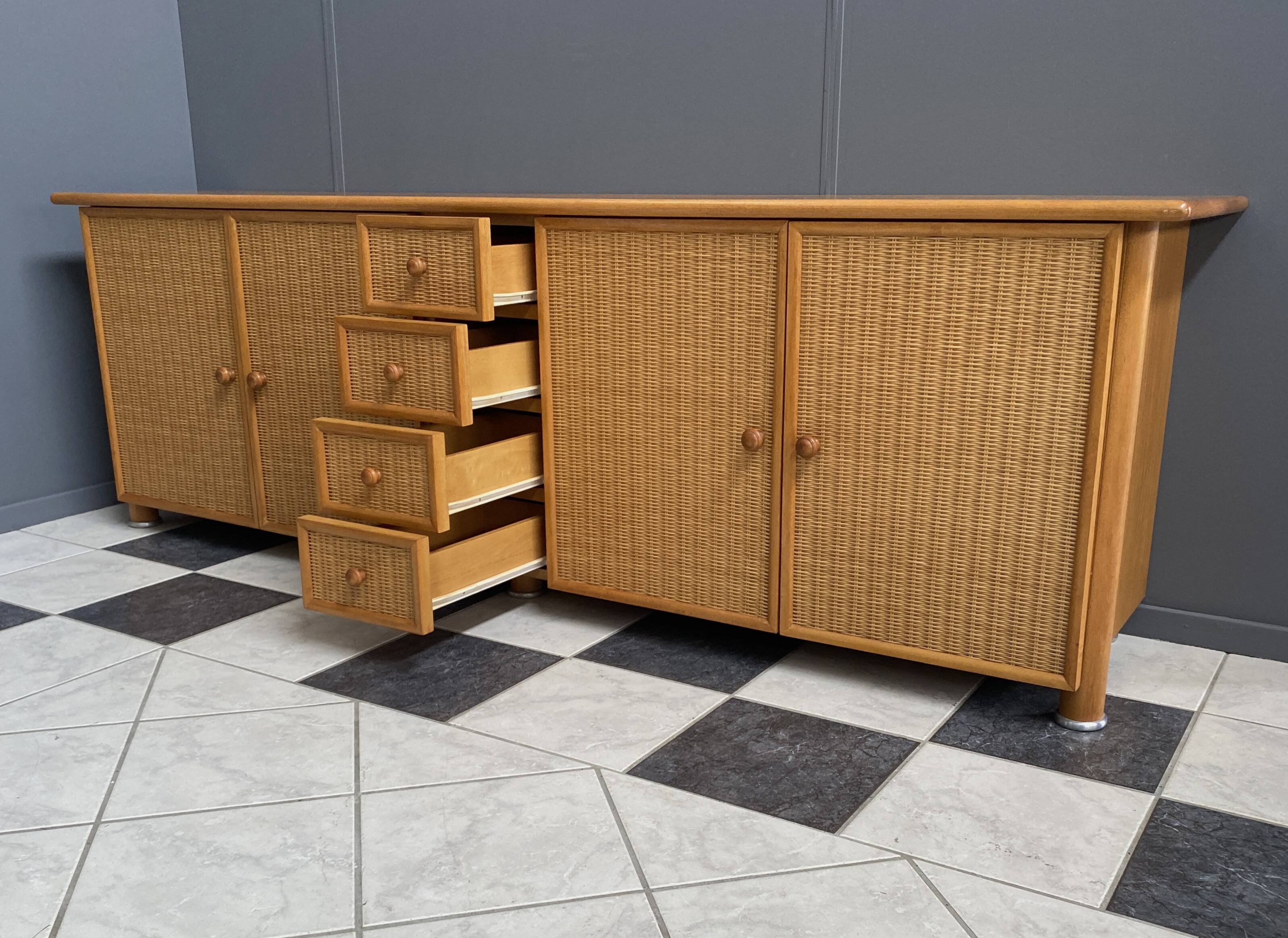 Large blonde Wicker & wood webbing sideboard