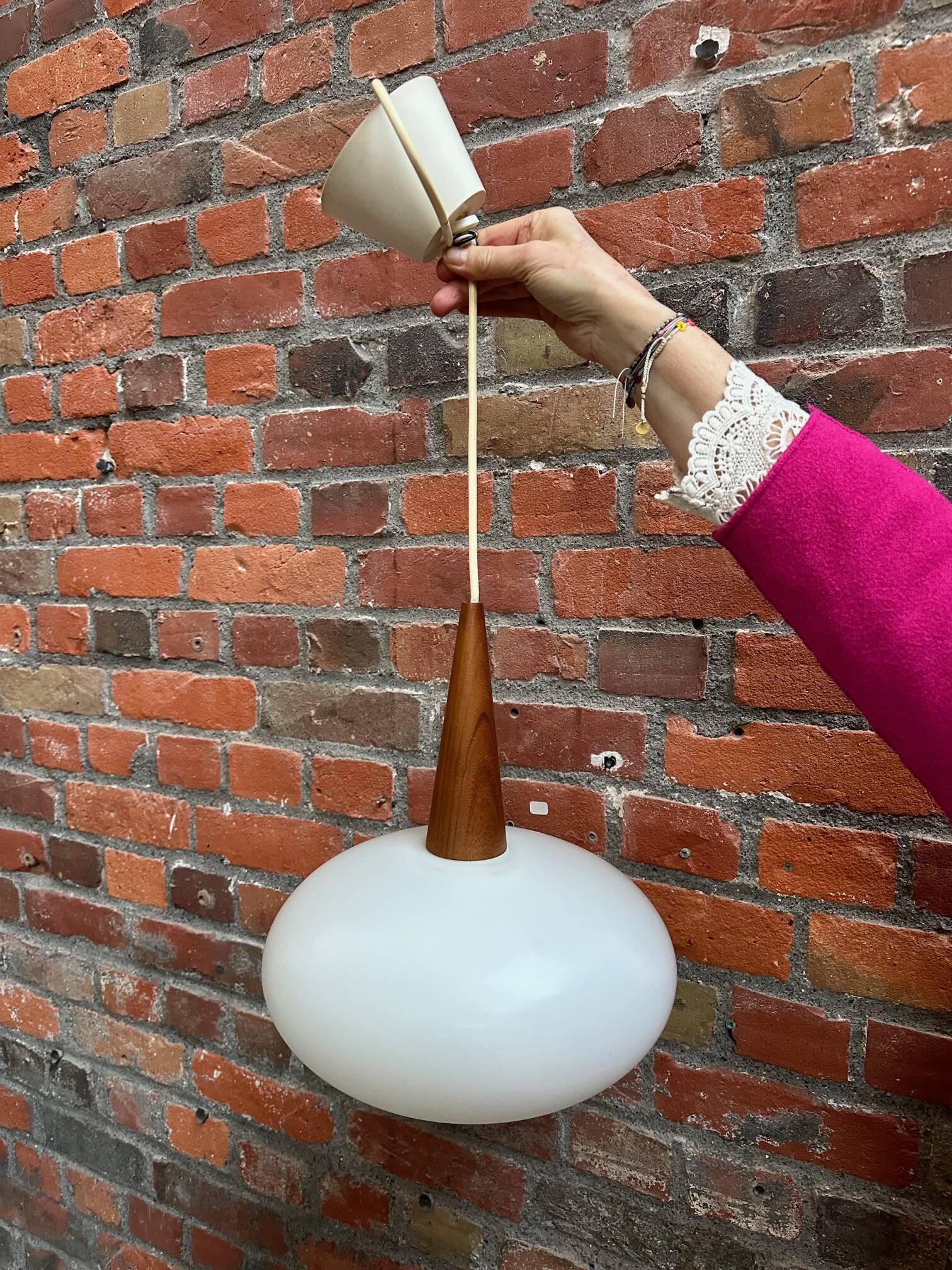 Louis Kalff opaline and teak suspension