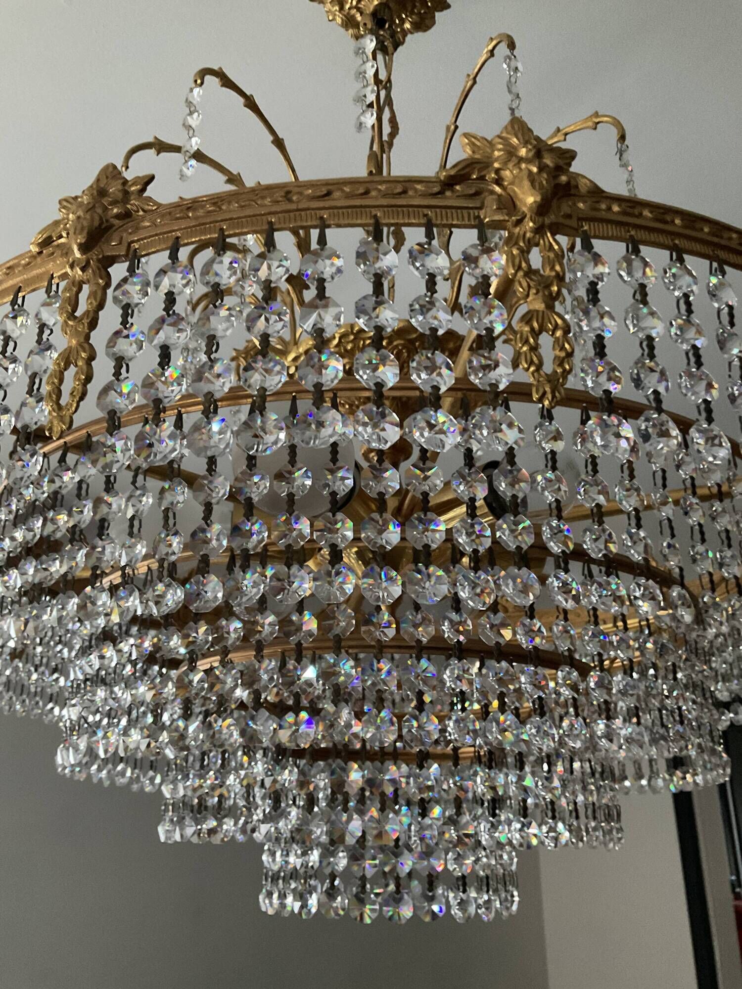 Old bronze waterfall chandelier with crystal tassels