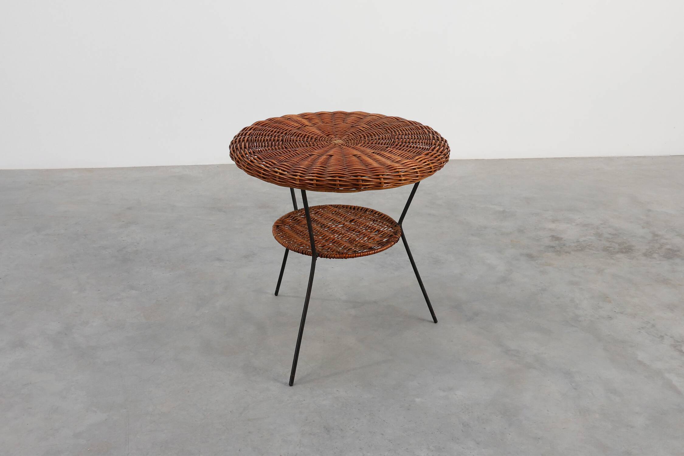 Mid-Century Woven Rattan, Wicker and Iron 2-Tier Round Coffee Table, Italy