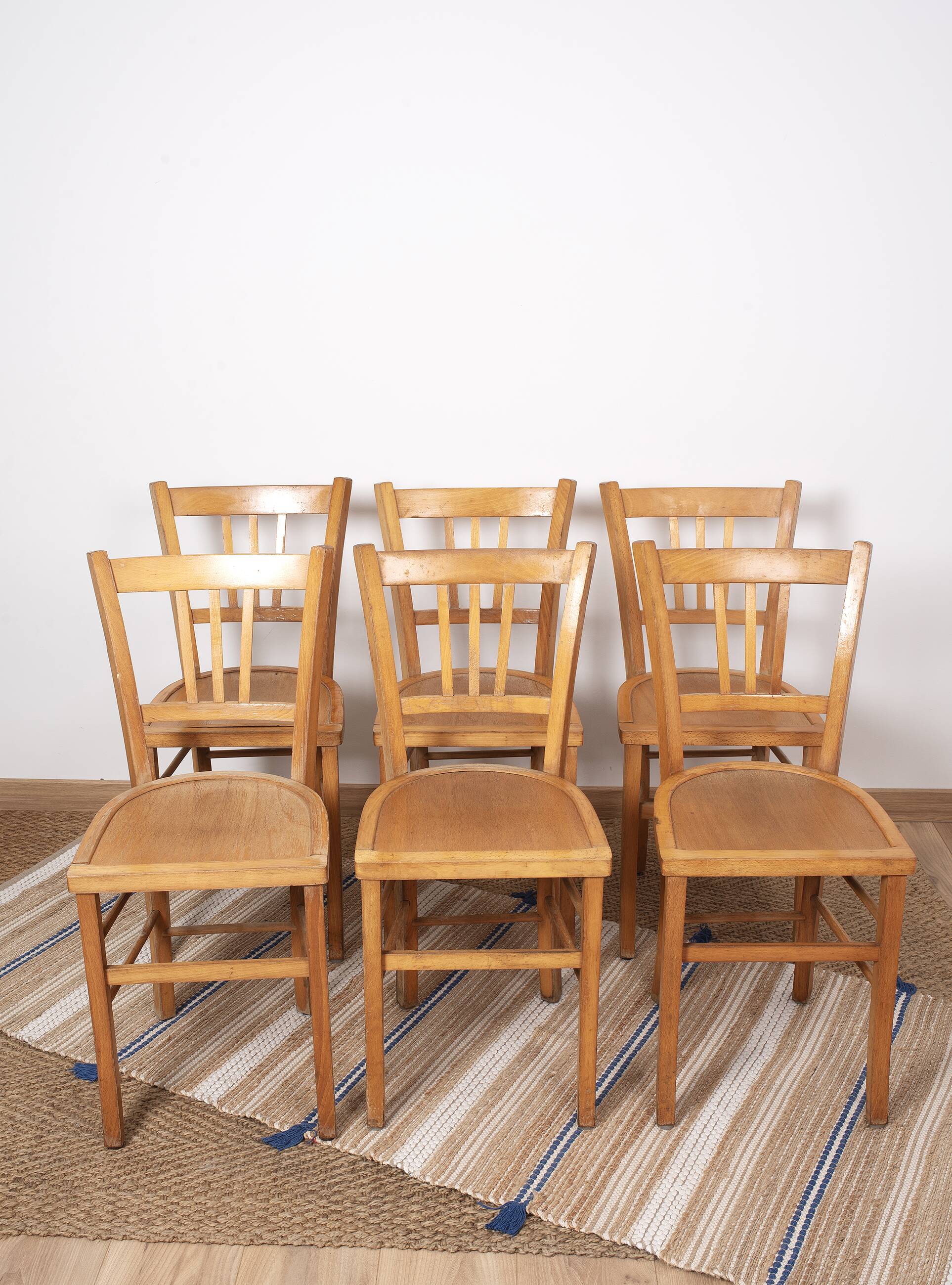 6 bistro chairs, blond wood, typical Luterma brand, 1950s-60s