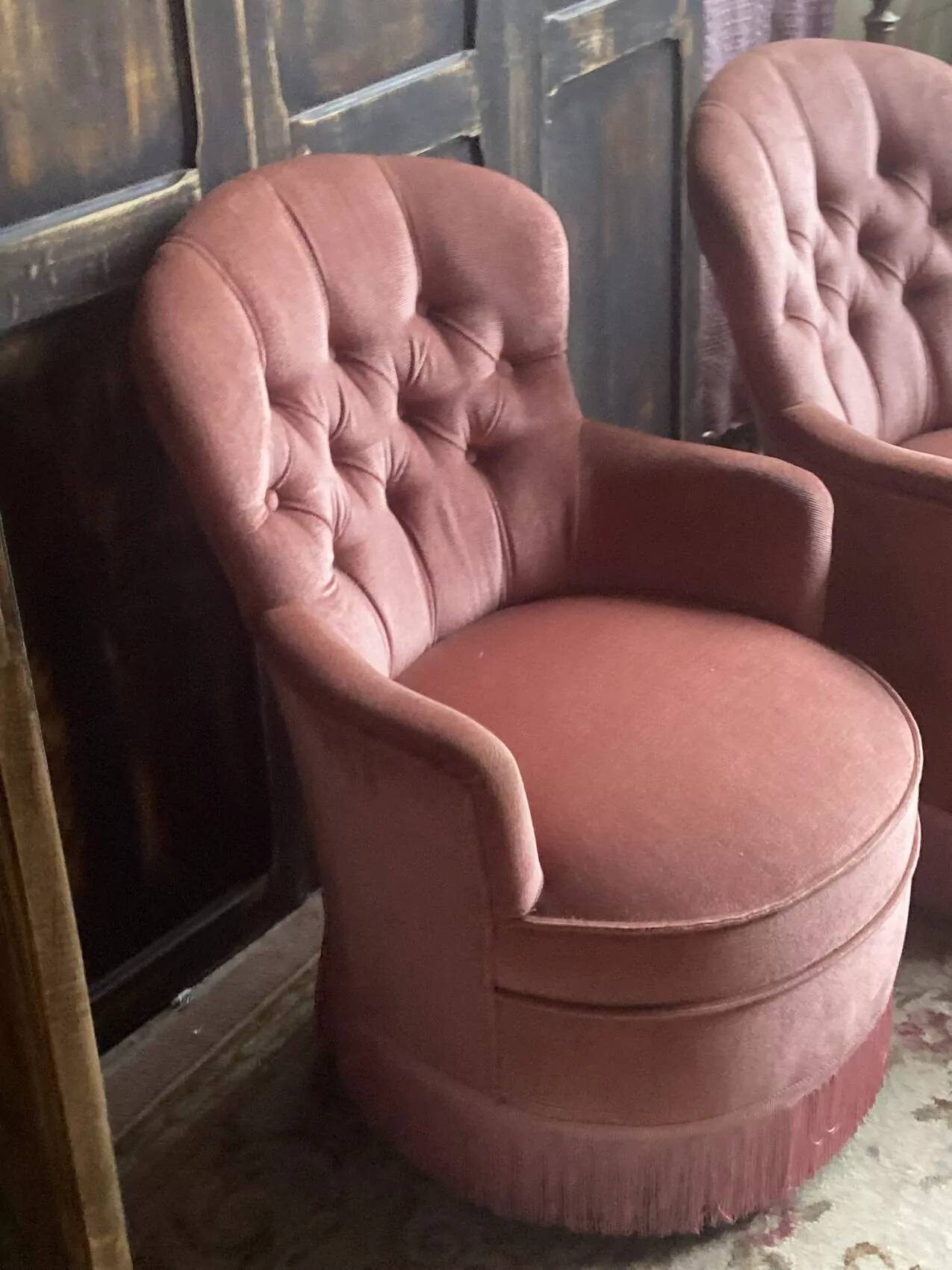 Pair of small vintage upholstered toadstool armchairs in old rose velvet – 1960s