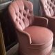 Pair of small vintage upholstered toadstool armchairs in old rose velvet – 1960s