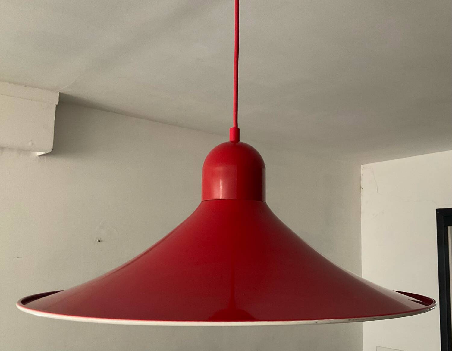 Space Age red metal saucer pendant light from the 70s-80s