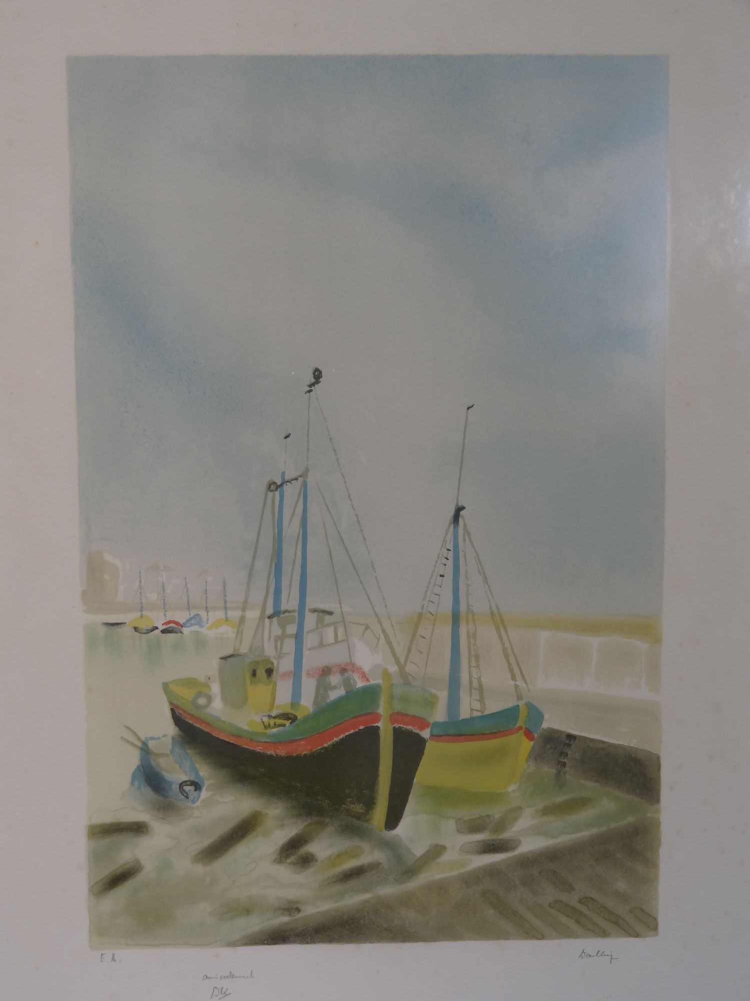 Lithograph sailboats in port 57 x 79 cm