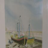 Lithograph sailboats in port 57 x 79 cm