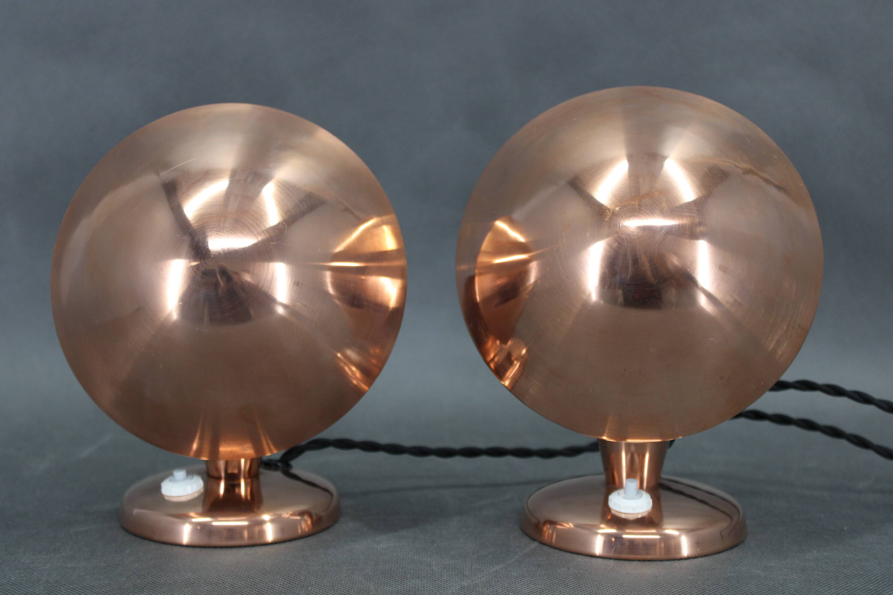 1930s Pair of Bauhaus Mushroom Table Lamps in Copper Finish, Czechoslovakia