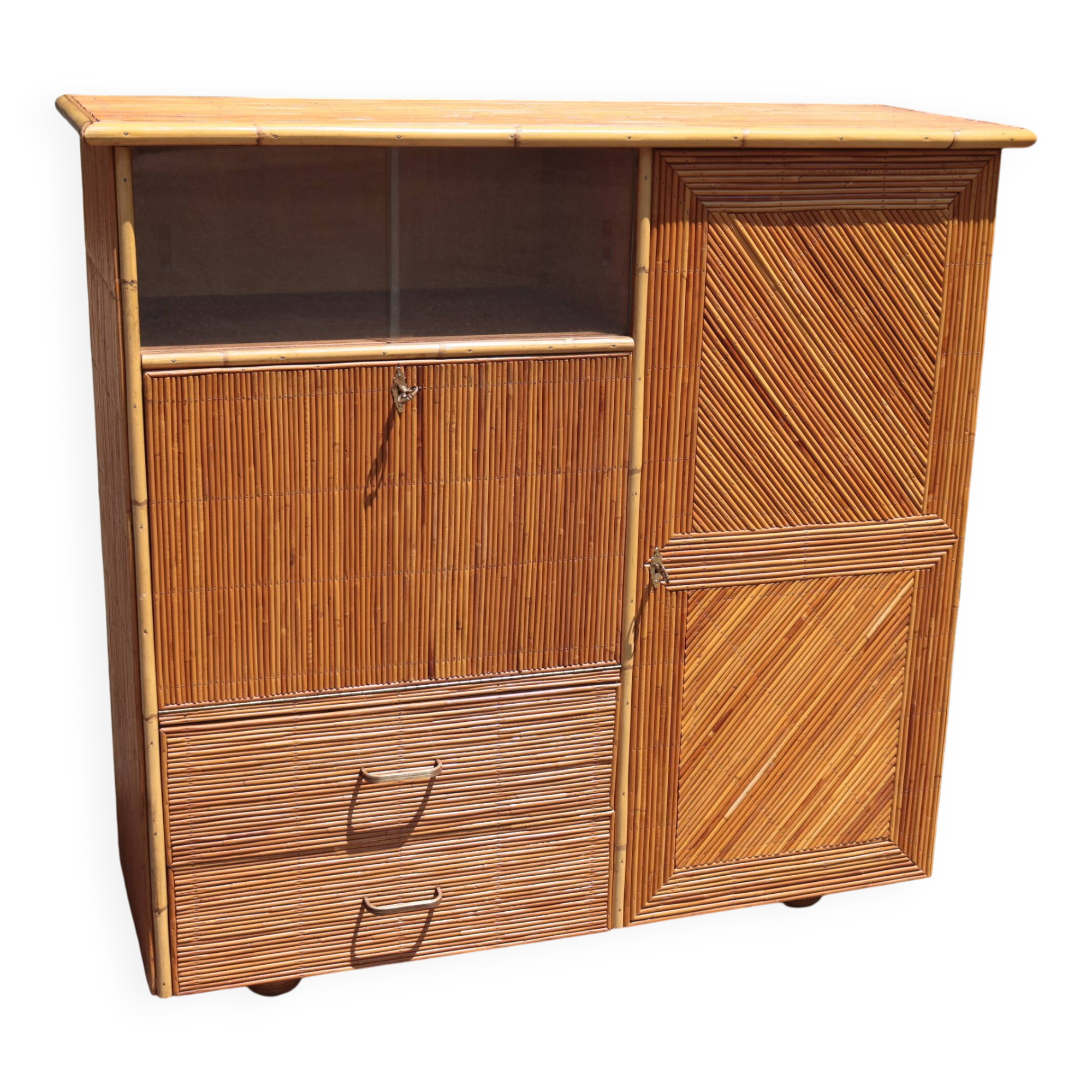 Rattan wardrobe/secretary Audoux & Minnet  style 1950