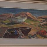 Original mid-century Swedish oil on panel – “Coast” by E. Kruger – vintage & framed – 49 × 33 cm