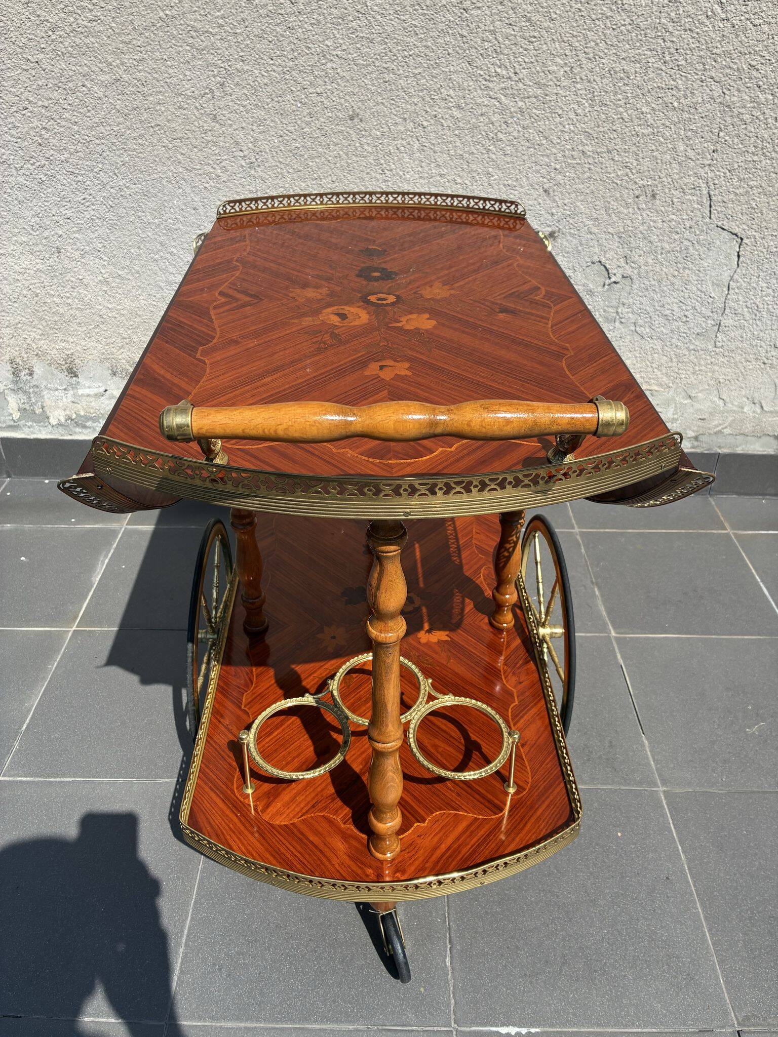 Italian marquetry and brass drinks trolley, mid-20th century