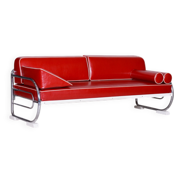 Bauhaus Red Tubular Chromed Steel Sofa from Robert Slezák, 1930s