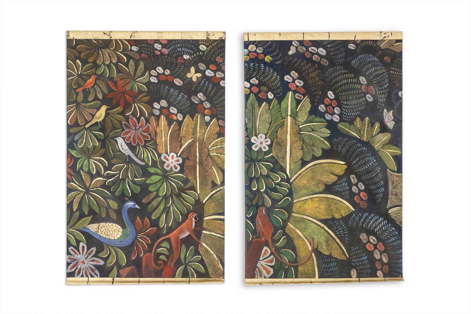 Painted canvas depicting a marmoset on a floral background. Contemporary.