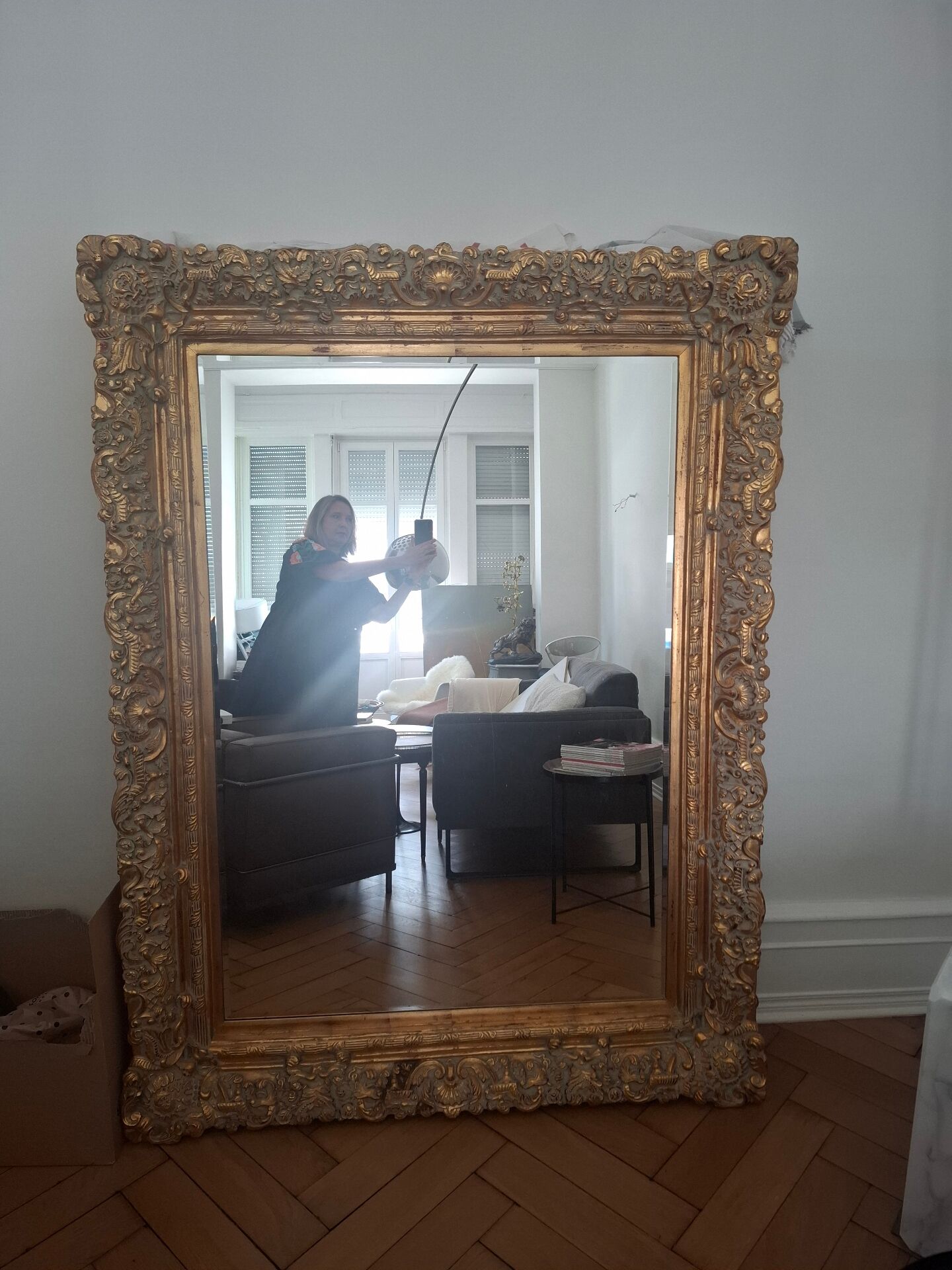 Grand miroir ancien monumental 185x145 bois doré glace biseautée style