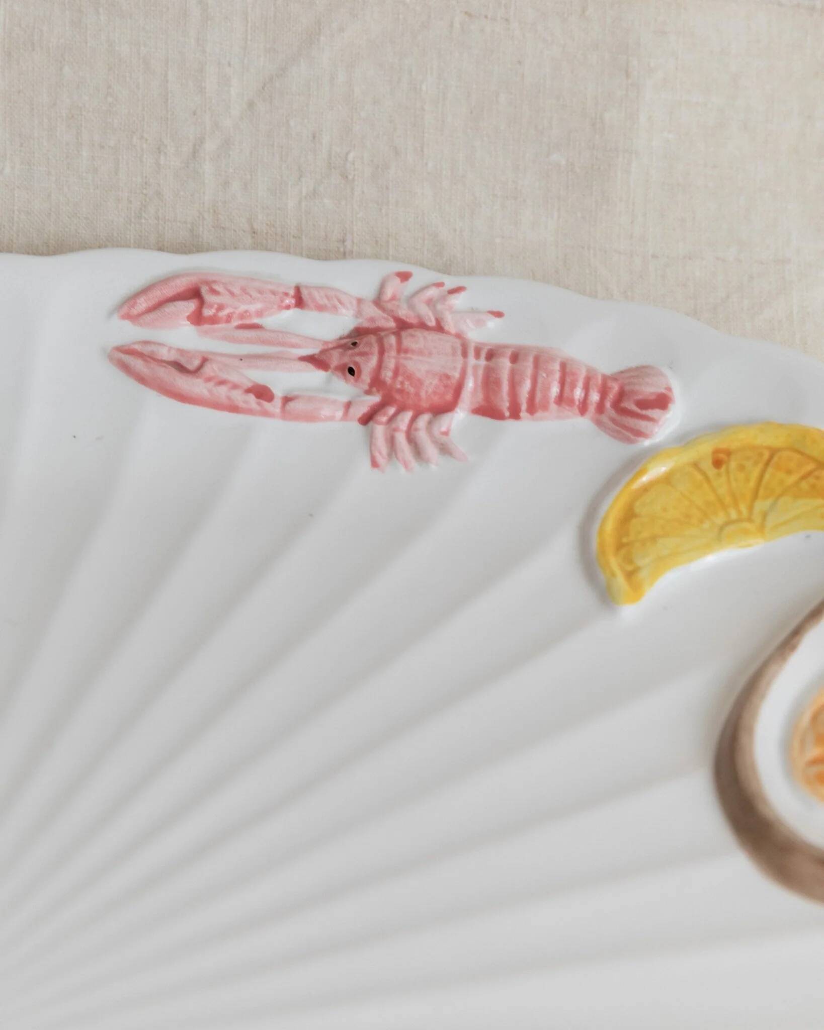 XL White Ceramic Oval Seafood Plate, 1980s Japan, Hand-Painted Relief, Vintage Decor