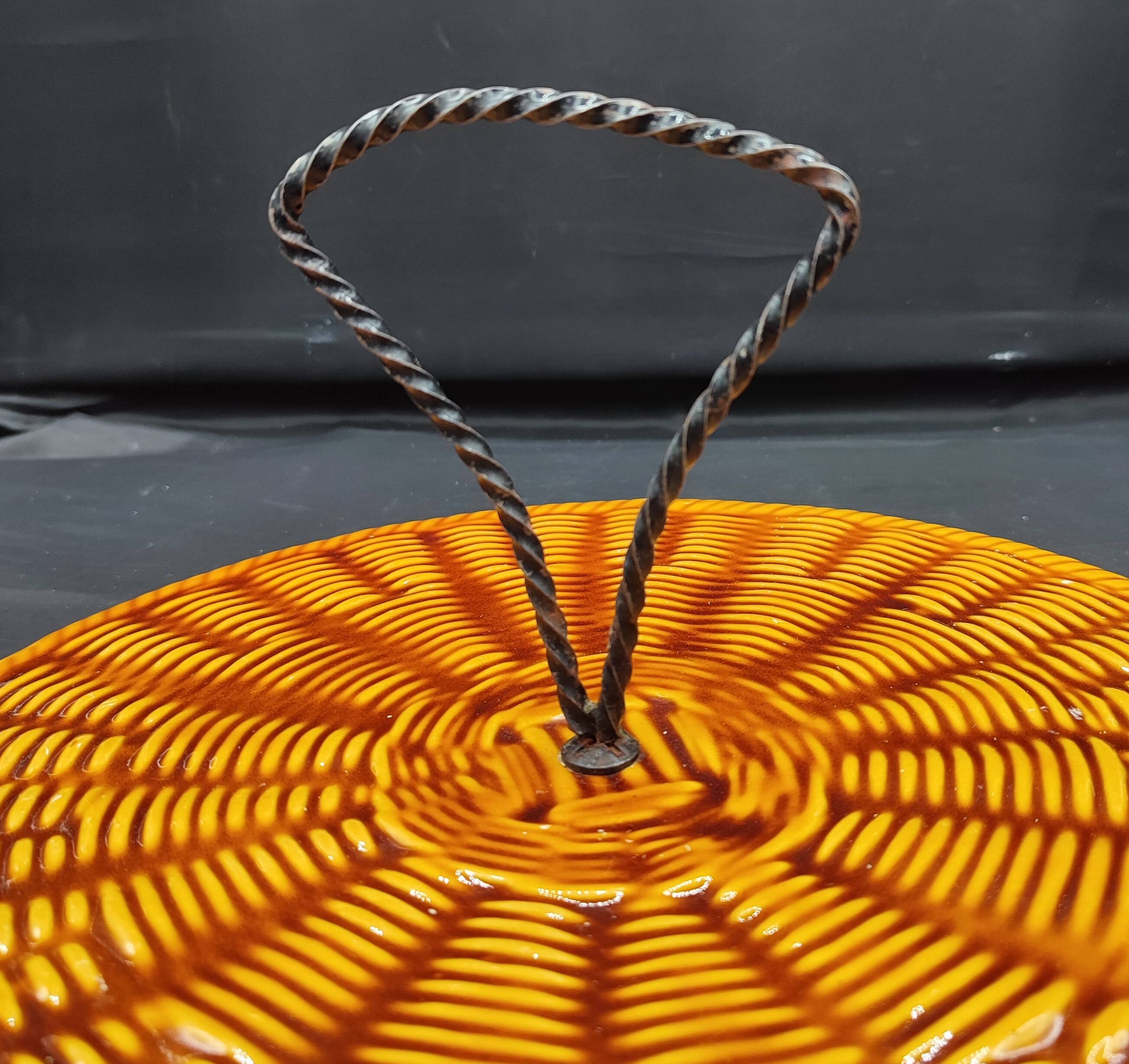 Vintage Vallauris plate, glazed ceramic in wicker style.