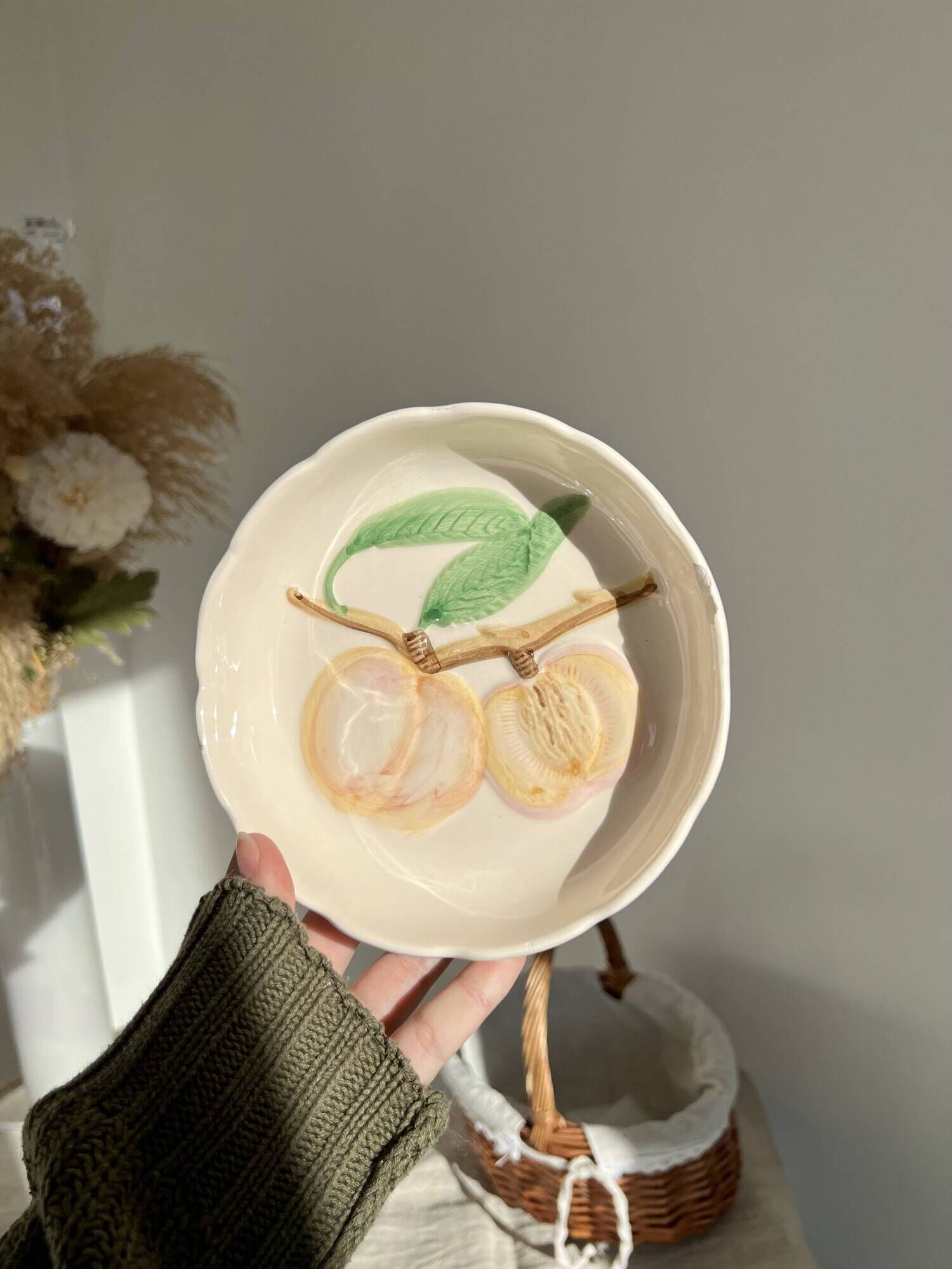 Pair of vintage hollow dessert plates in hand-painted slip, peach and fig fruit pattern