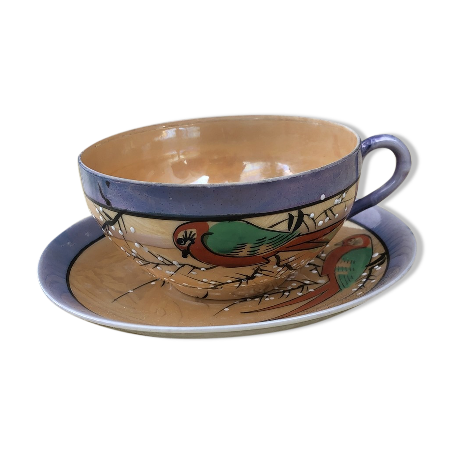 Bird-decorated cup and cup with golden reflection