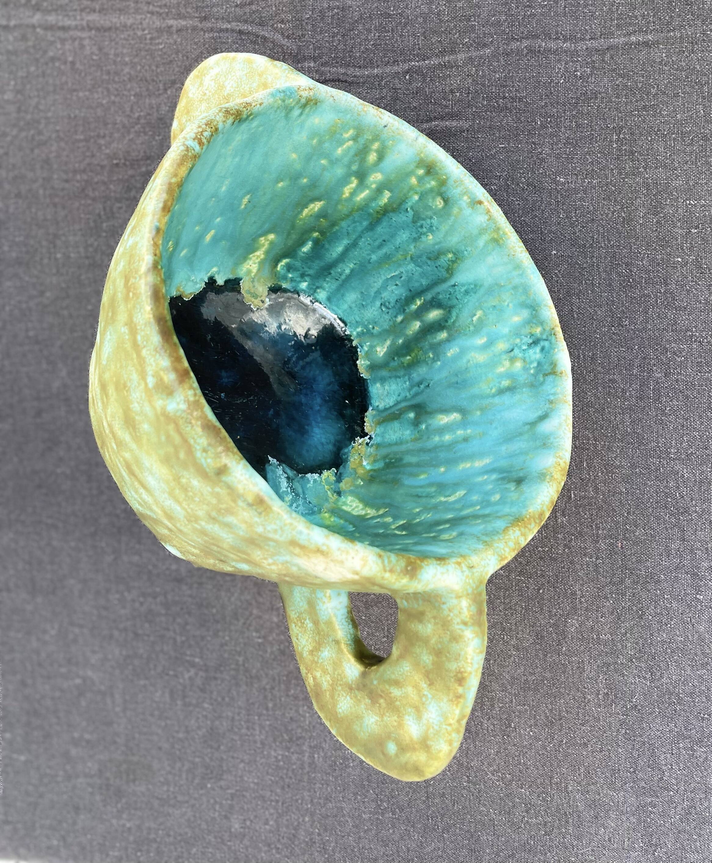 Stoneware bowl with handles, signed handmade ceramic.