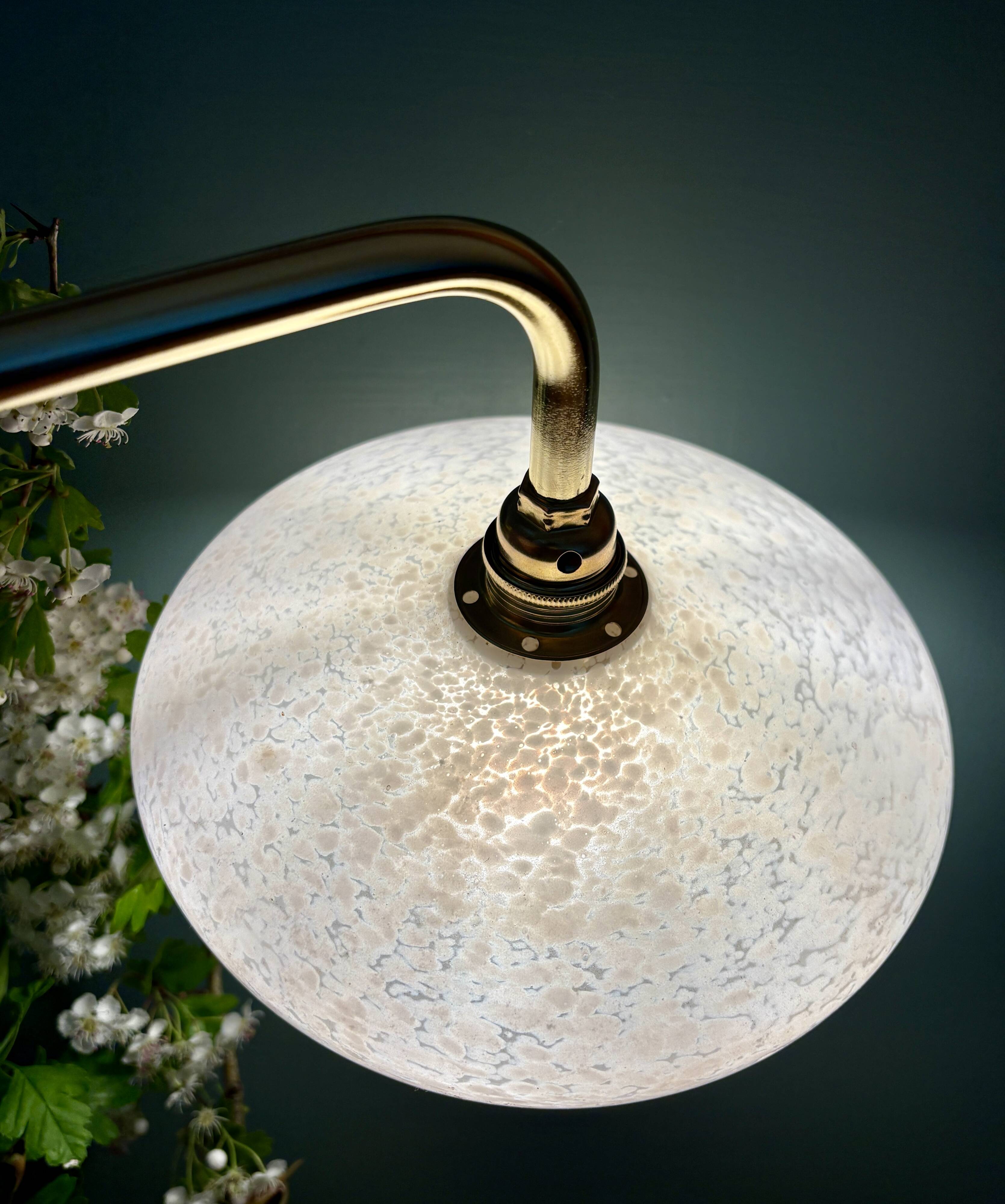 Vintage glass wall lamp with a curved arm from Clichy, white.