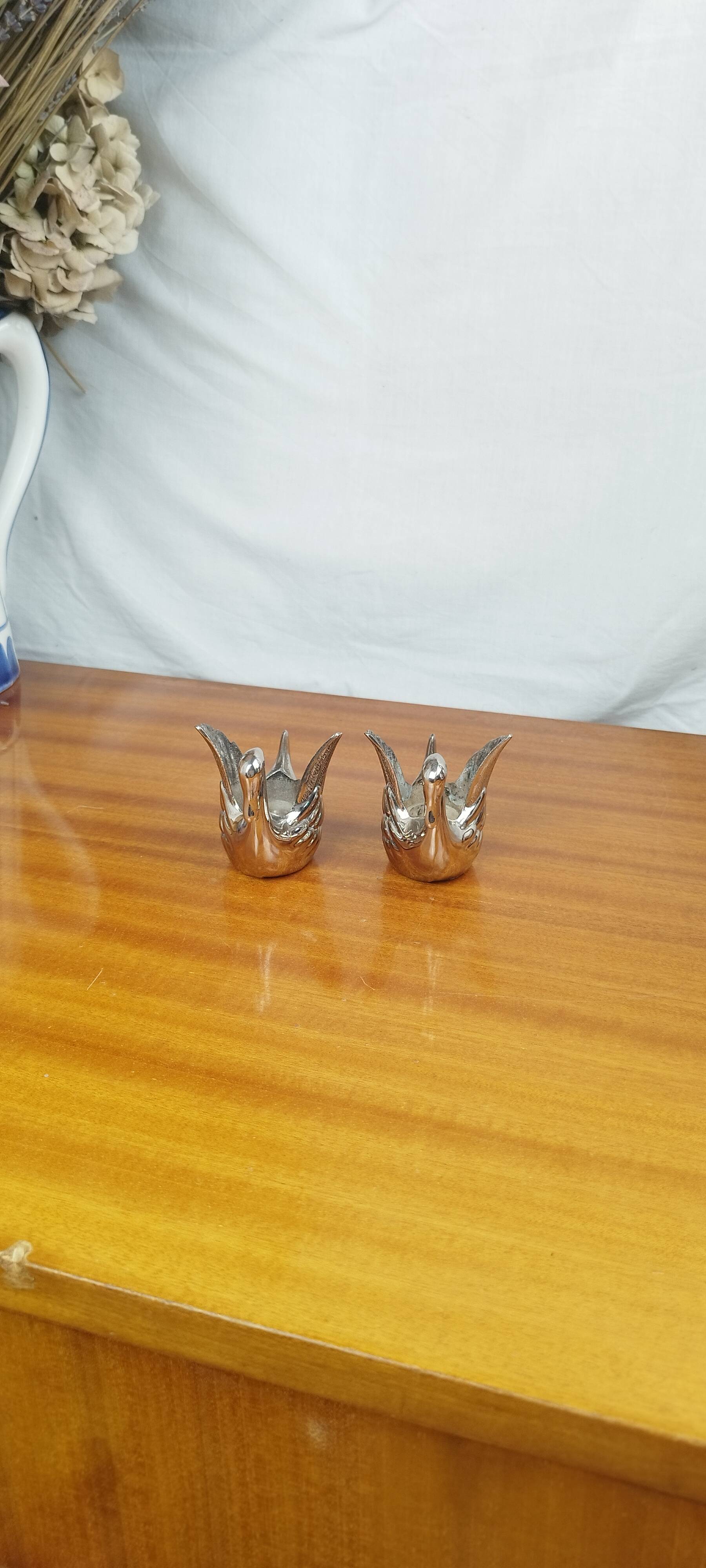 Pair of Silver Metal Zoomorphic Swan Candle Holders, Vintage 70s