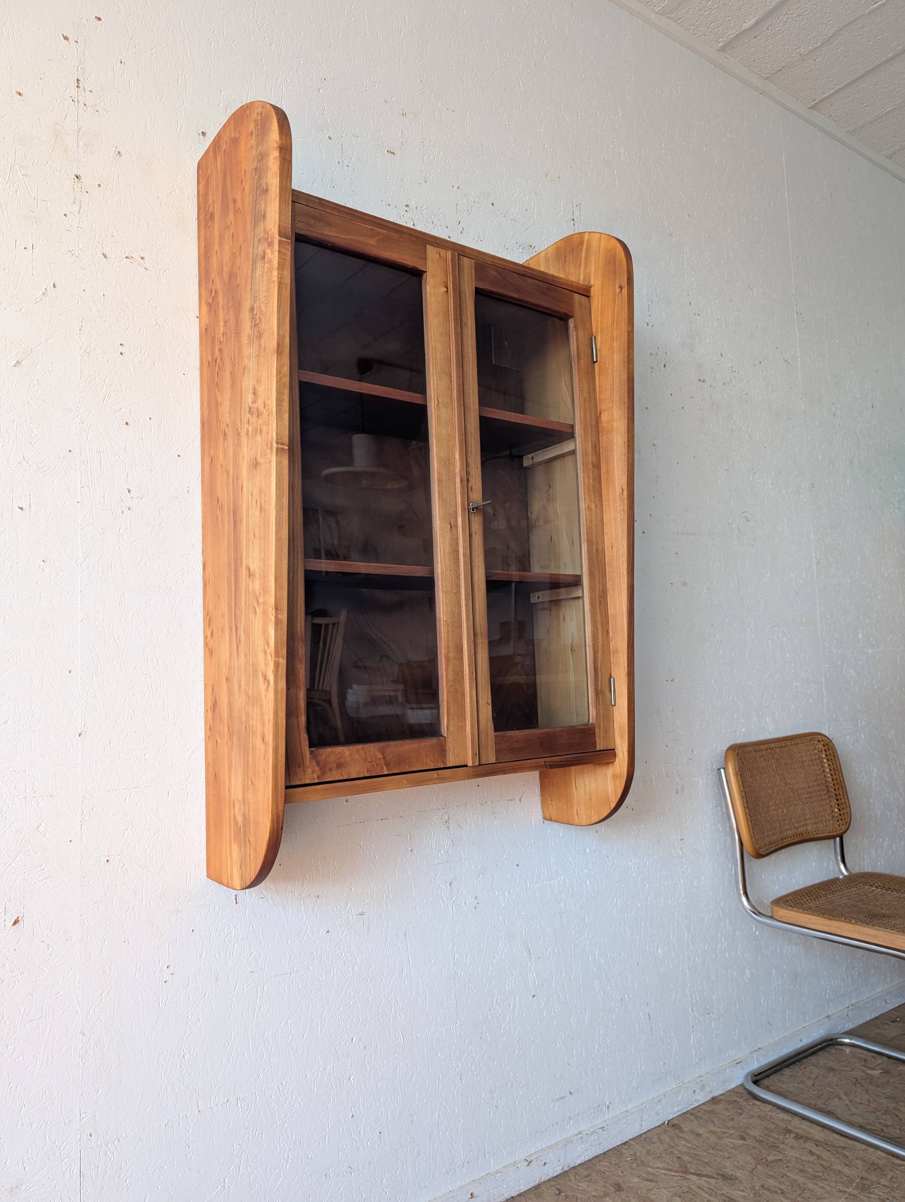Solid cherry wood wall display case from the 50s