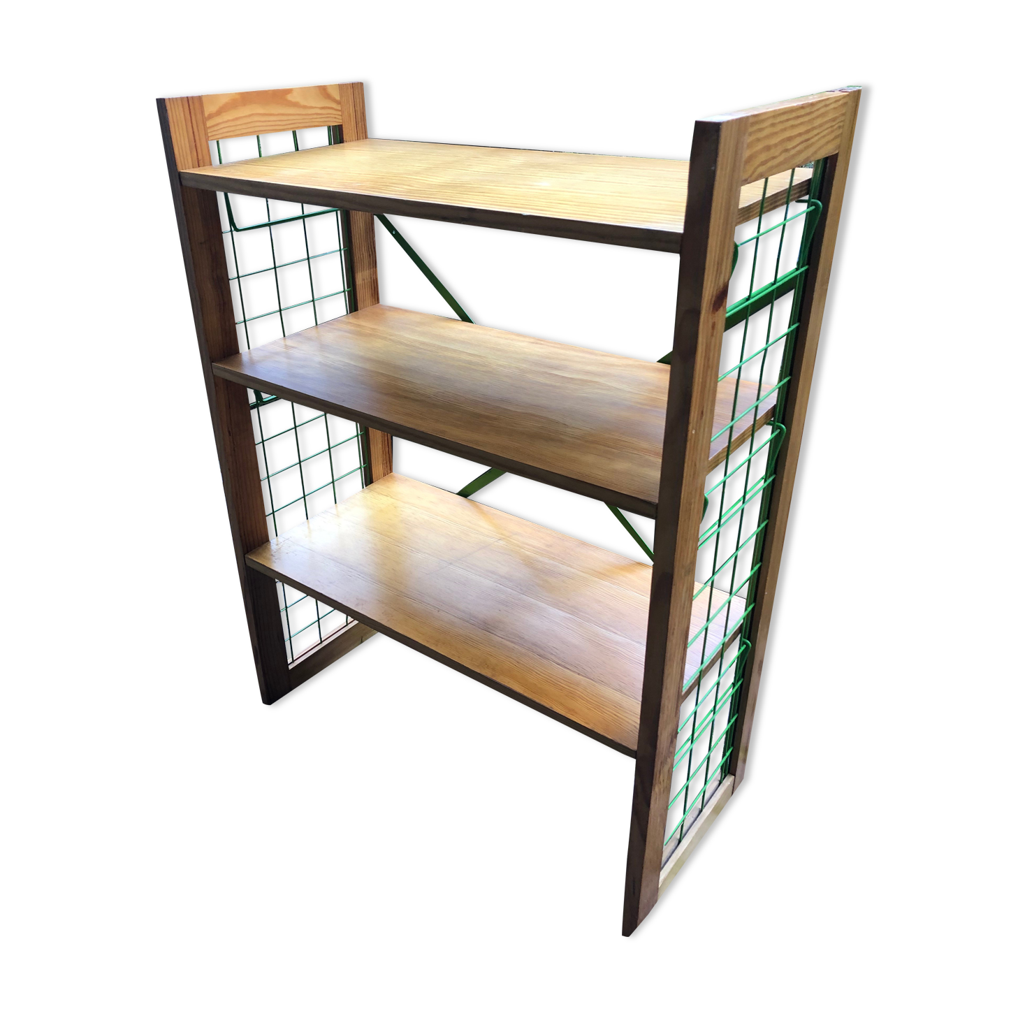 Vintage metal and pine bookcase shelf Prisunic circa 1960