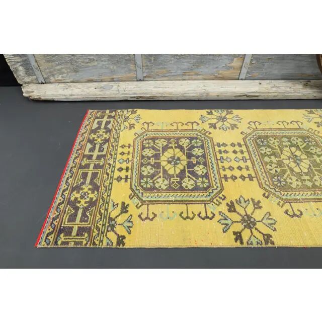 1970s Turkish Oushak Handmade Wool Cotton Yellow Runner 81x362