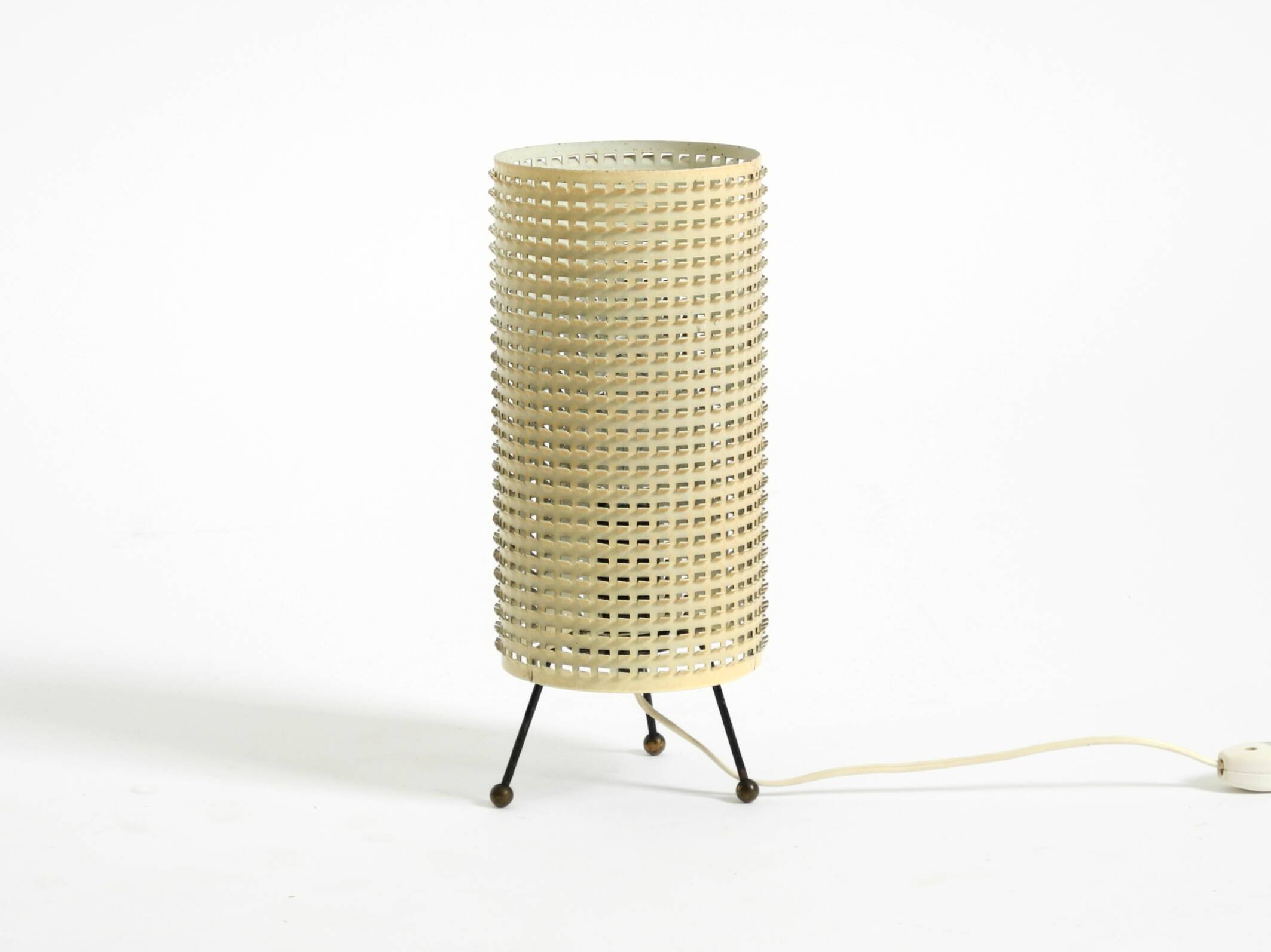 Original 1950s brass tripod table lamp with a perforated metal lampshade