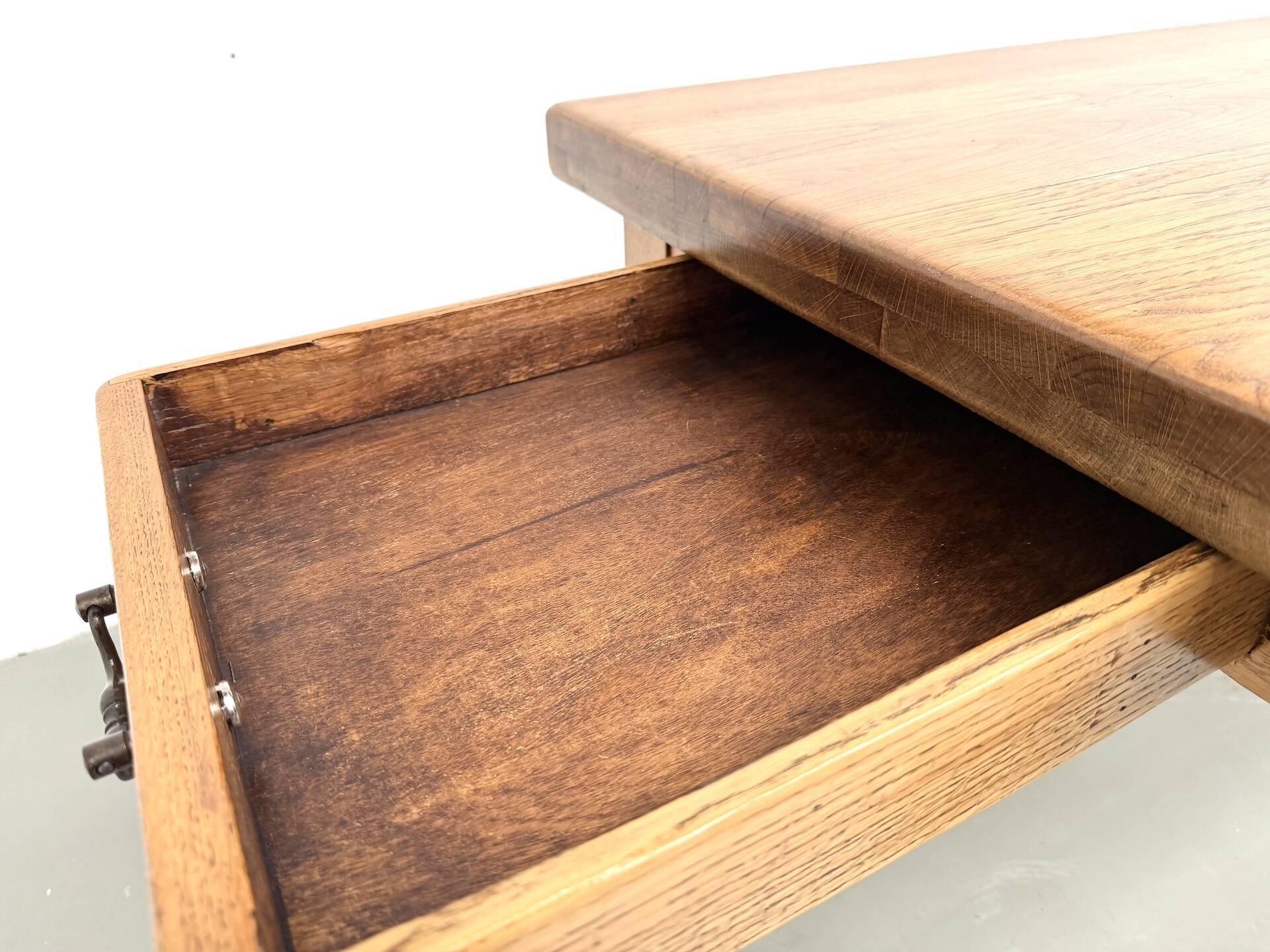 Solid oak farmhouse table, square legs.