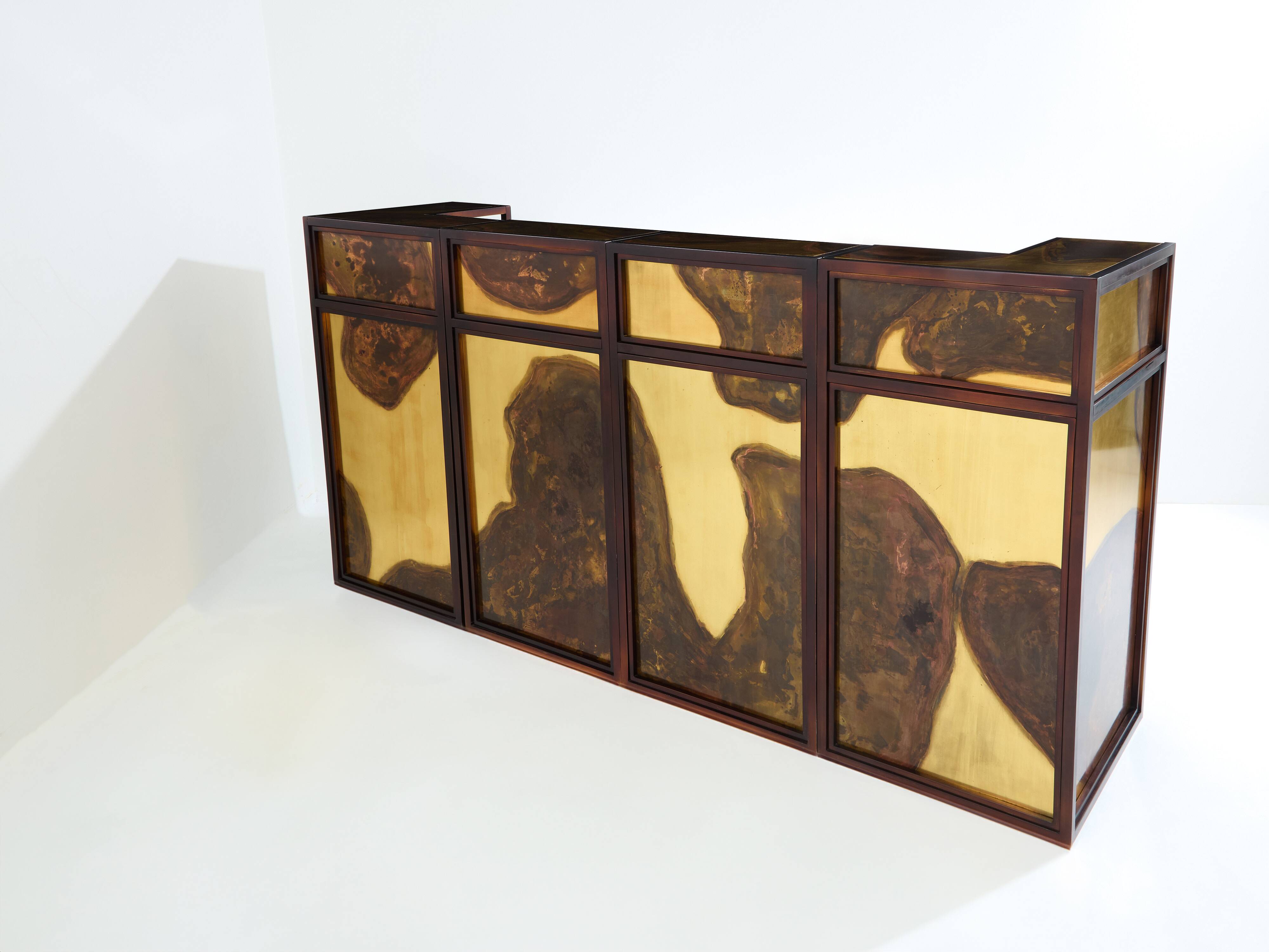 Large oxidized and patinated brass bar by Isabelle and Richard Faure 1970