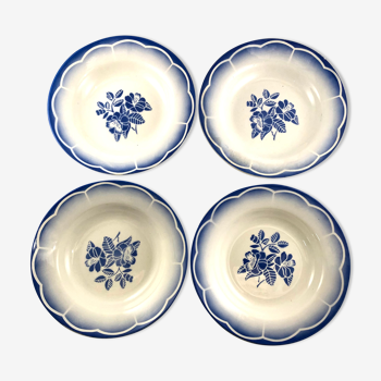 4 Digoin Sarreguemines soup plates, white and blue Marsac model with art deco flower