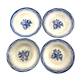 4 Digoin Sarreguemines soup plates, white and blue Marsac model with art deco flower