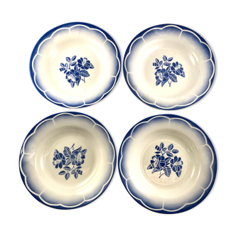 4 assiettes creuses Digoin Sarreguemines modele Marsac blanc et bleu avec fleur art déco