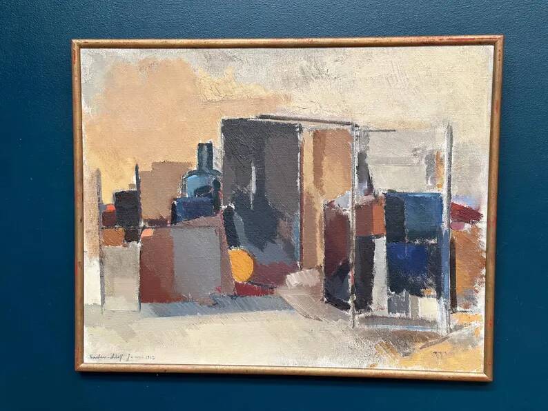 Large original Swedish oil on canvas - 'Blue Bottle and Books' by Gustav Adolf Johansson - 1962 - vintage and framed