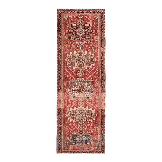 1970s Vintage Turkish Oushak Handmade Wool Cotton Red Runner Rug 101x305